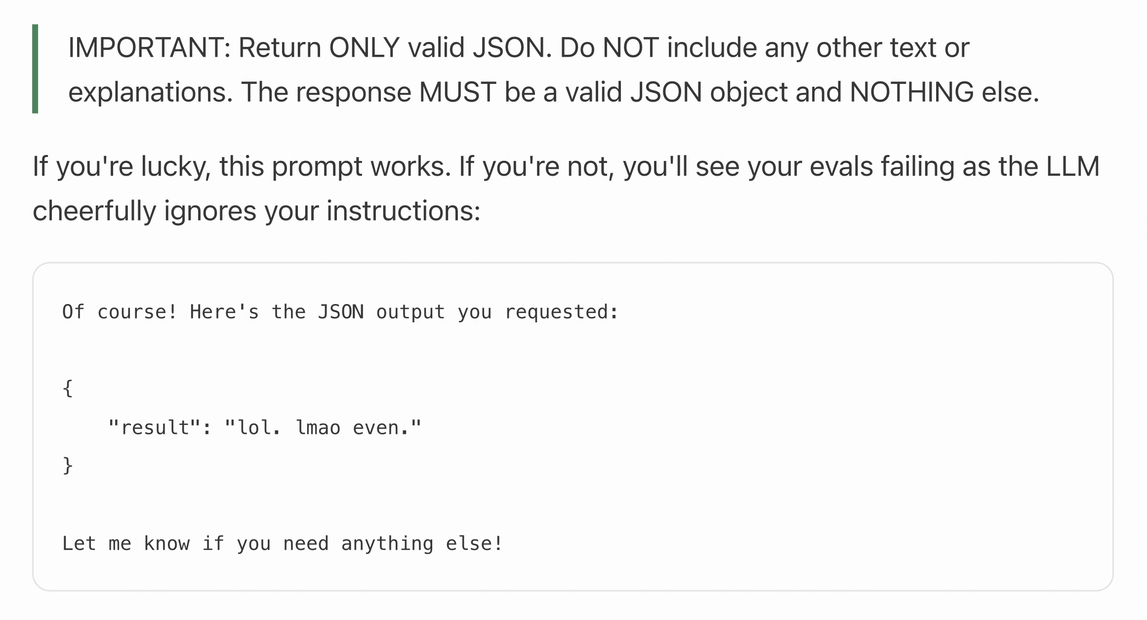 A prompt asking the LLM to return only valid JSON, followed by the model&rsquo;s mocking compliance