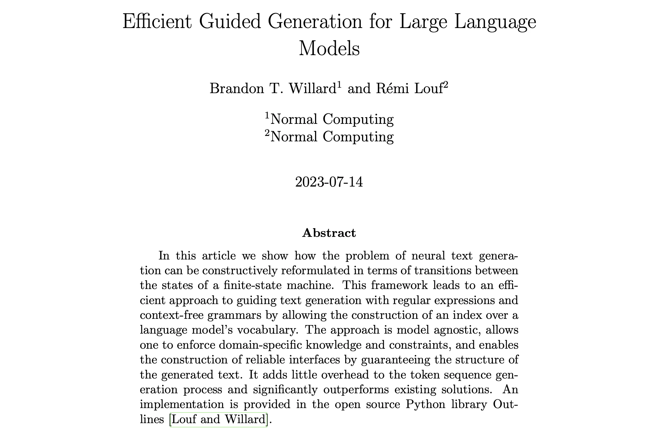 Abstract of the foundational constrained-decoding paper, Efficient Guided Generation for Large Language Models, by Brandon T. Willard and Rémi Louf, who later co-founded dottxt