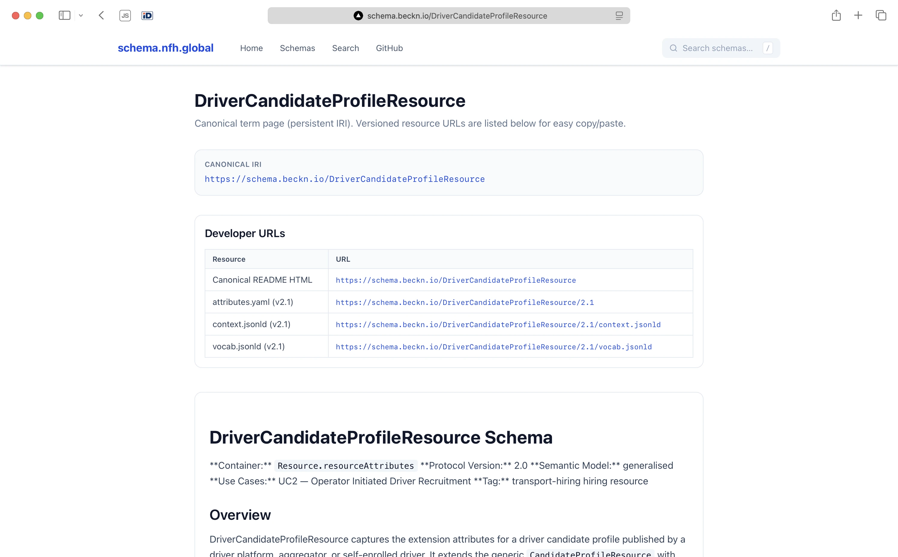 The Beckn schema registry entry forDriverCandidateProfileResource,a driver recruitment concept from Beckn&rsquo;s transport-hiring domain. Everyconcept gets a persistent canonical IRI plus versioned developer URLs foreach of its faces: the OpenAPI document (attributes.yaml), the JSON-LDcontext, and the RDF vocabulary. Source:schema.beckn.io