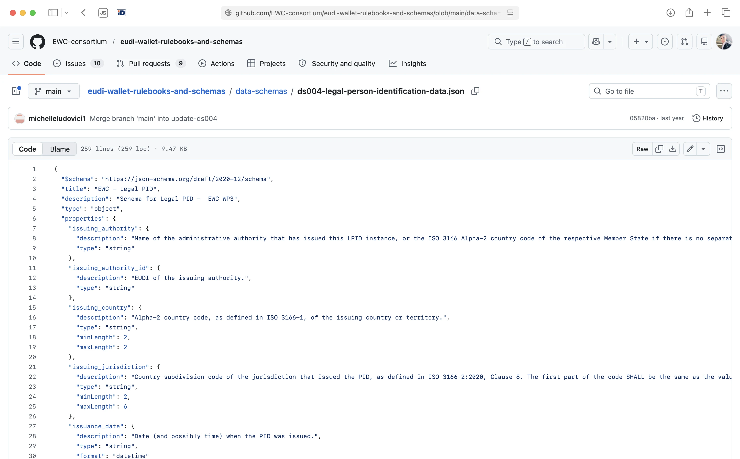 The EWC consortium&rsquo;s Legal Person Identification Dataschema,one of the 14 JSON Schemas (2020-12) underpinning the EUDI Wallet referencedata model