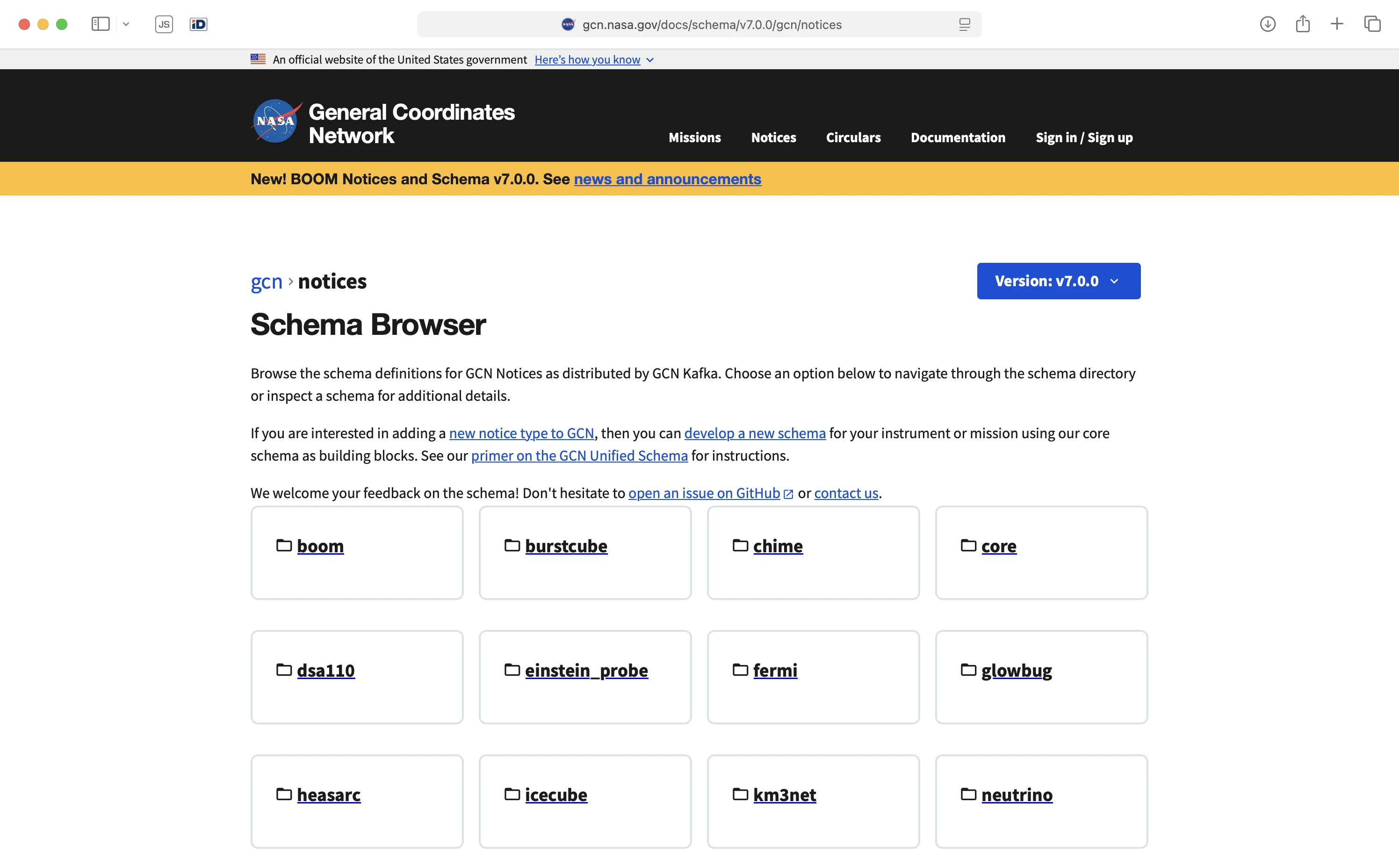 The NASA General Coordinates Network SchemaBrowser for v7.0.0,showing mission-specific JSON Schema folders for BOOM, BurstCube, CHIME,Einstein Probe, Fermi, Glowbug, HEASARC, IceCube, KM3NeT, andothers