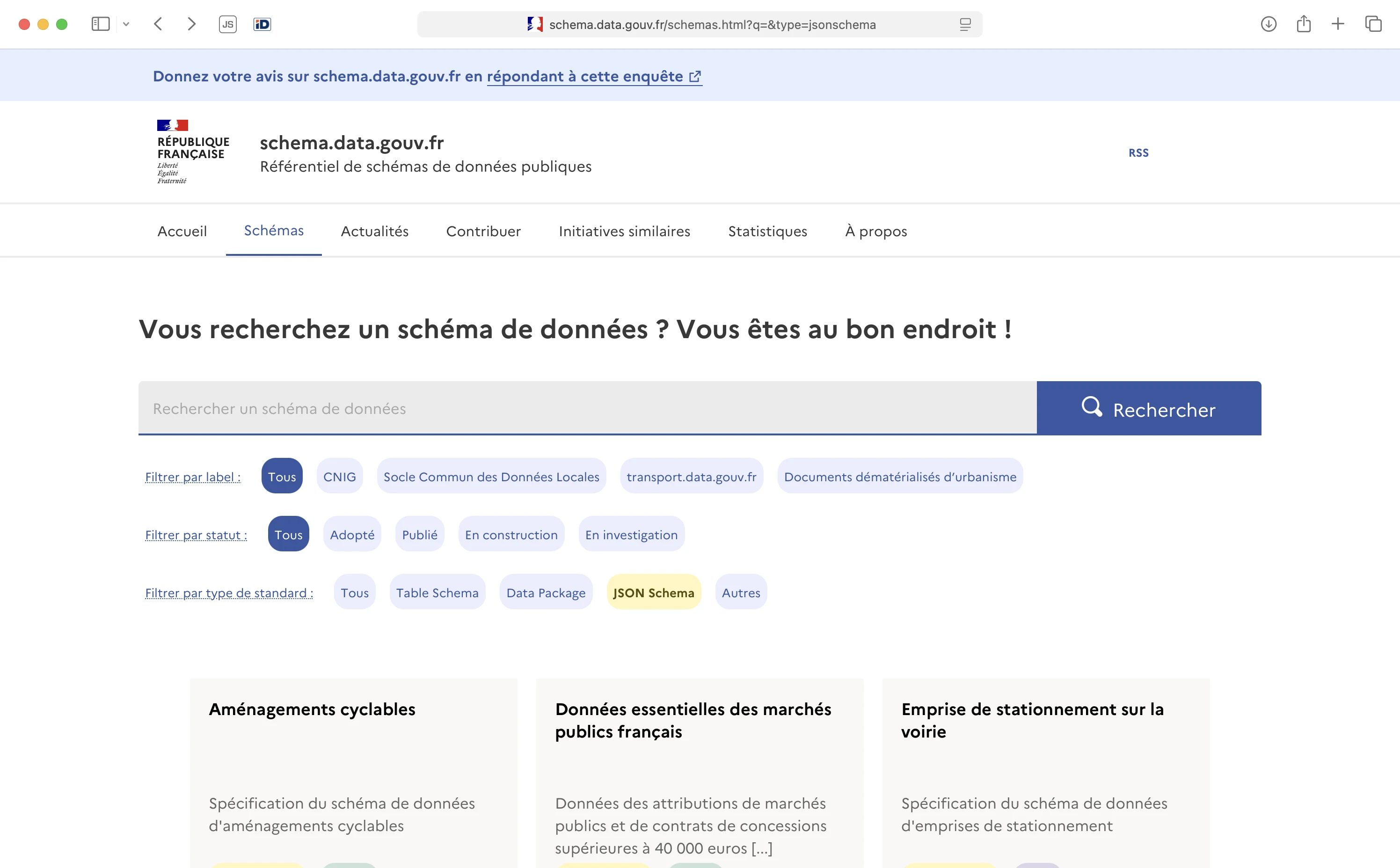 The schema.data.gouv.frregistry filtered to JSON Schema entries. Visible cards include thecycling-facilities format, the essential data of French public contracts, andon-street parking footprints
