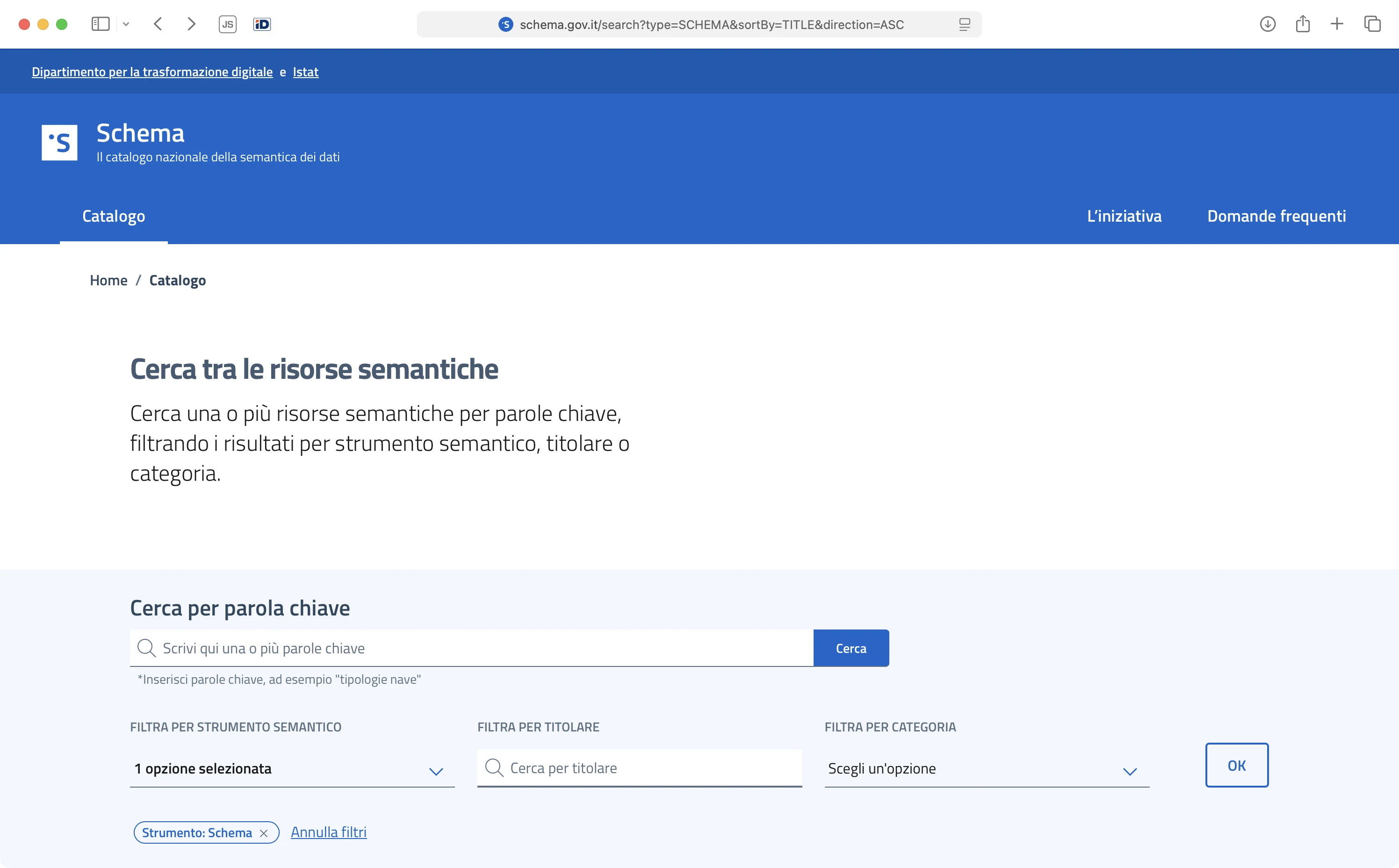 The schema.gov.itnational semantic catalogue, jointly operated by the Dipartimento per laTrasformazione Digitale and Istat, filtered to entries of typeSchema