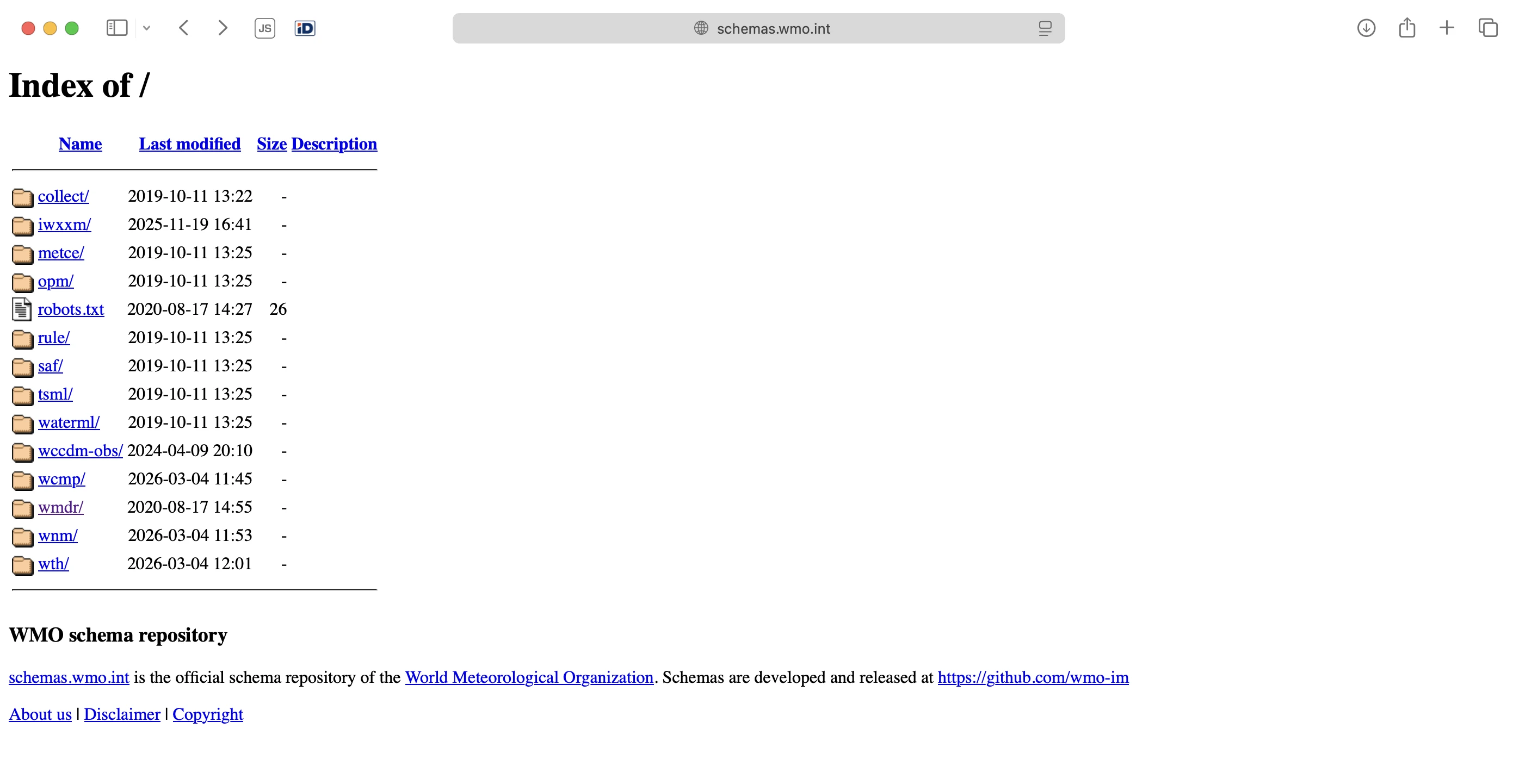 The WMO schema repository at schemas.wmo.int,served as a static directory listing of versioned schema collections includingIWXXM, METCE, WaterML, WCMP, WMDR, and others. Source schemas are developed atgithub.com/wmo-im