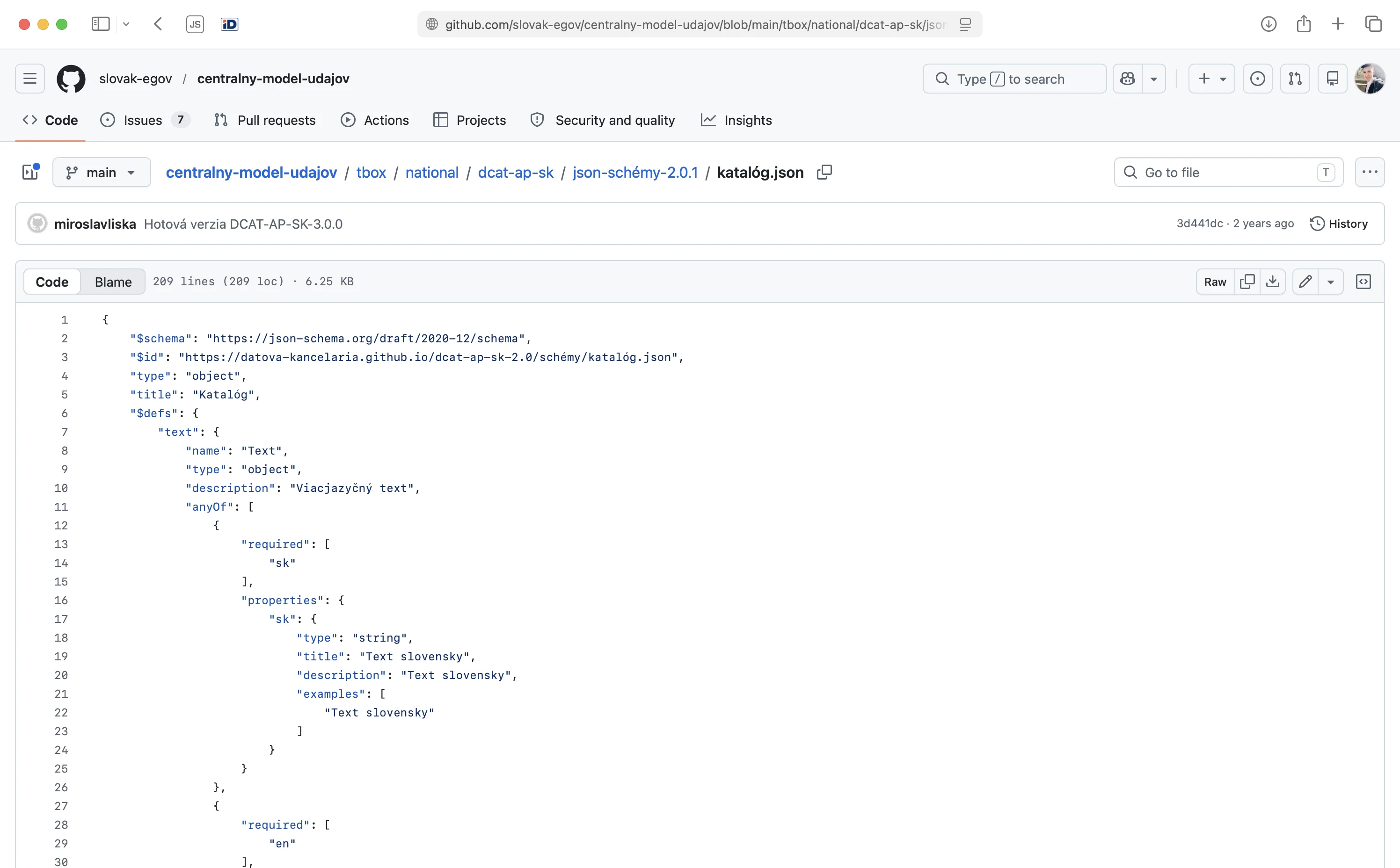 The Slovak DCAT-AP catalogue JSONSchema,JSON Schema 2020-12, defining the Slovak national open-data catalogueprofile