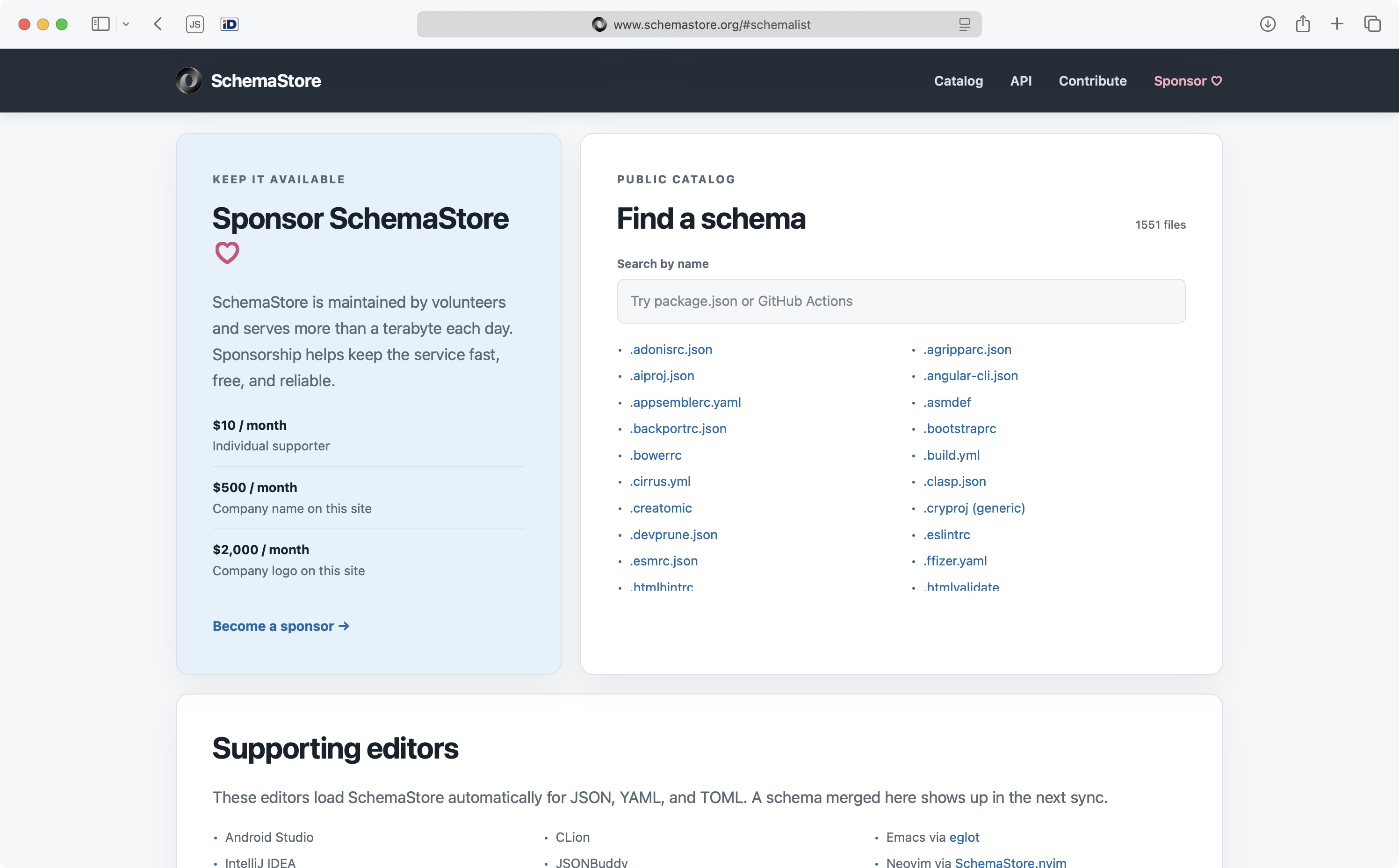 The SchemaStore landing page and its public catalogue, 1,551 files at the
time of writing. The project is run by volunteers and, by its own account,
serves more than a terabyte a day. Source:
schemastore.org