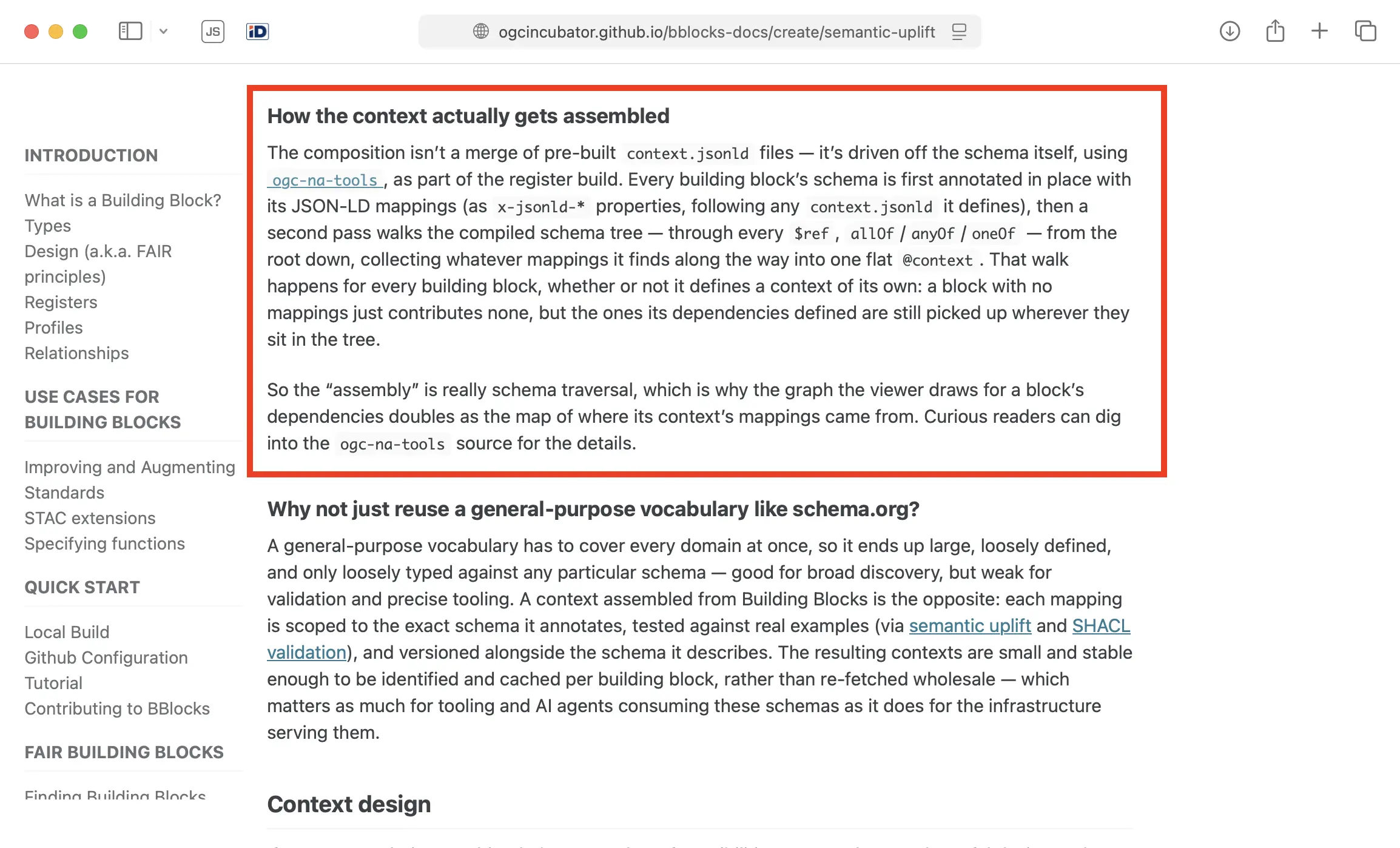 How OGC&rsquo;s tooling builds the JSON-LD context: a static second pass walks the compiled schema tree through every $ref, allOf, anyOf, and oneOf, collecting mappings into one flat @context. In their own words, &ldquo;the assembly is really schema traversal&rdquo;. It is re-creating evaluation at build time, and that is why it cannot follow a schema whose meaning depends on the data: with no instance to run against, a static walk has no way to know which if/then/else branch or $dynamicRef target applies. Source: OGC Building Blocks, semantic uplift documentation.