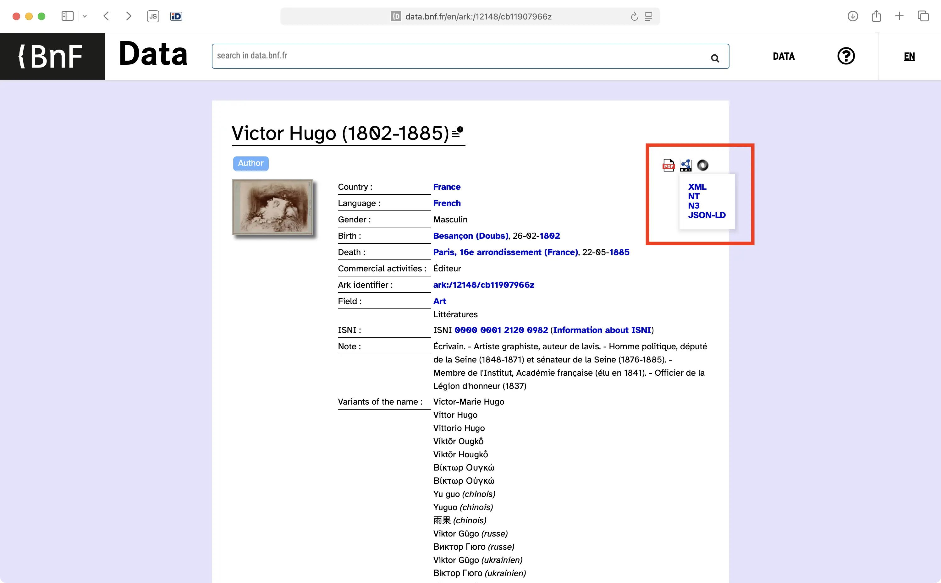 France&rsquo;s national library publishes its entire catalogue as linked data. Every record, like this one for Victor Hugo, the 19th-century French novelist behind Les Misérables, is a node in a knowledge graph, downloadable as RDF and JSON-LD (highlighted). Source: Bibliothèque nationale de France.